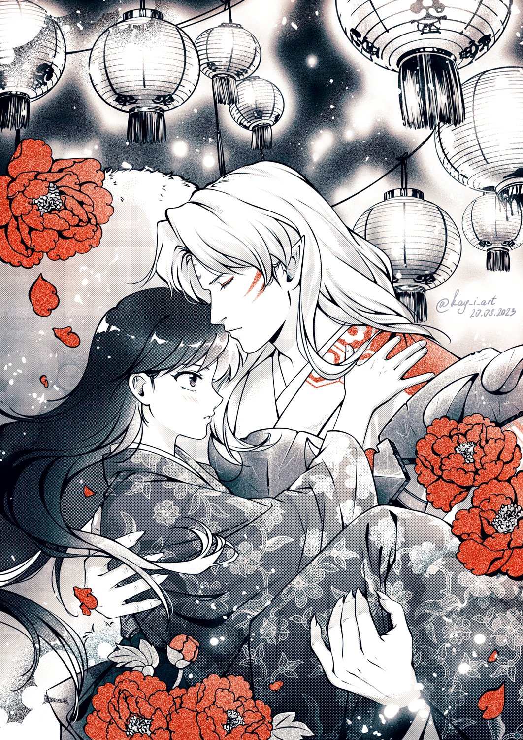 1boy, 1girl, black_hair, blush, carrying, closed_eyes, couple, crescent