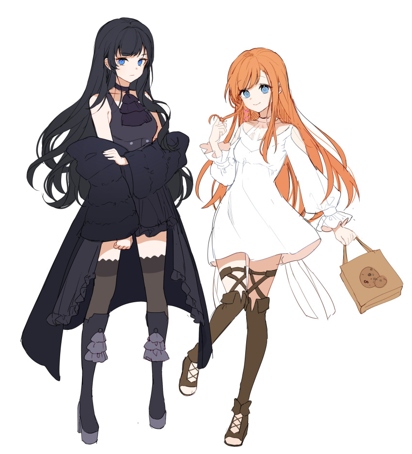 2girls, absurdres, ascot, bag, black_ascot, black_footwear, black_hair, black_thighhighs