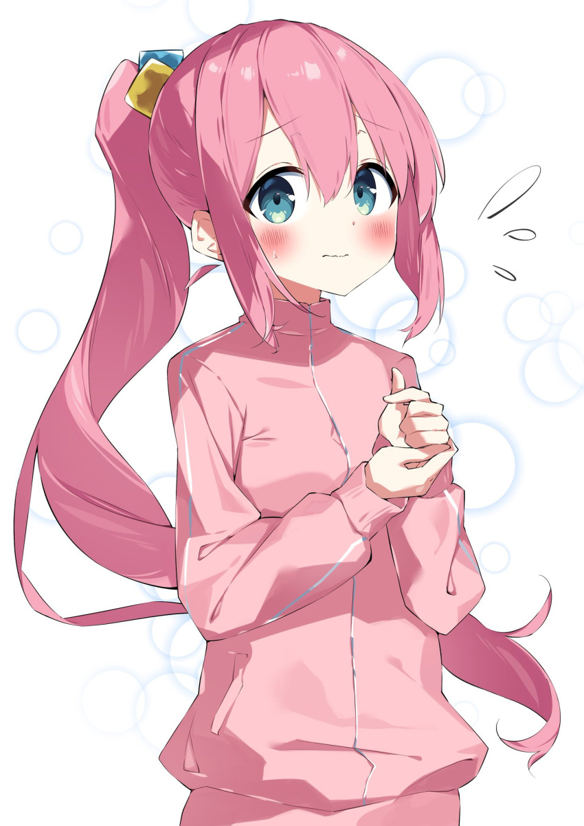 1girl, alternate_hairstyle, blush, bocchi_the_rock!, closed_mouth, cube_hair_ornament, flying_sweatdrops, gotoh_hitori