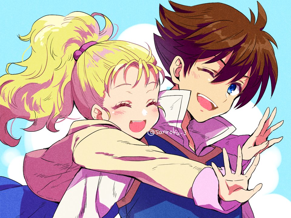 1boy, 1girl, bartz_klauser, blonde_hair, blue_background, blue_dress, blue_vest, brown_hair