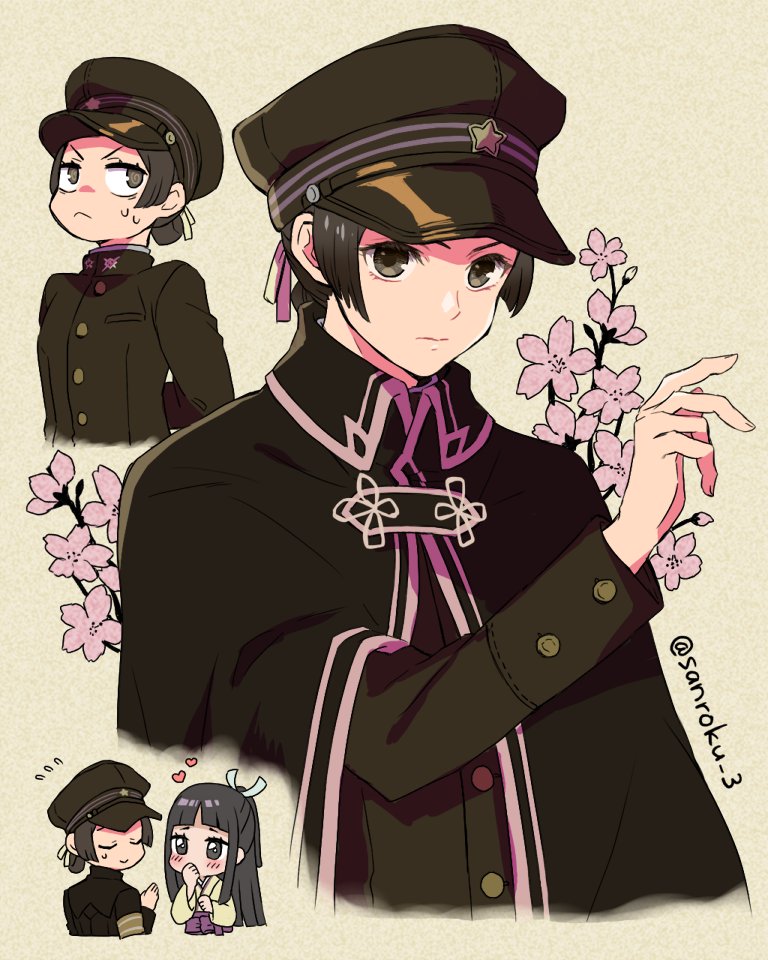 2girls, ace_attorney, black_cape, black_hair, black_headwear, black_jacket, brown_eyes, buttons
