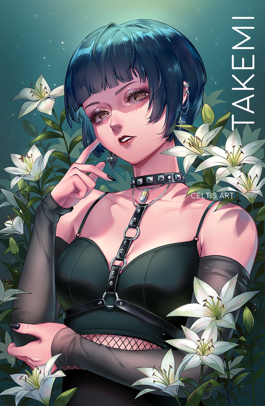 1girl, artist_name, bare_shoulders, black_choker, black_nails, blue_hair, brown_eyes, celtisart