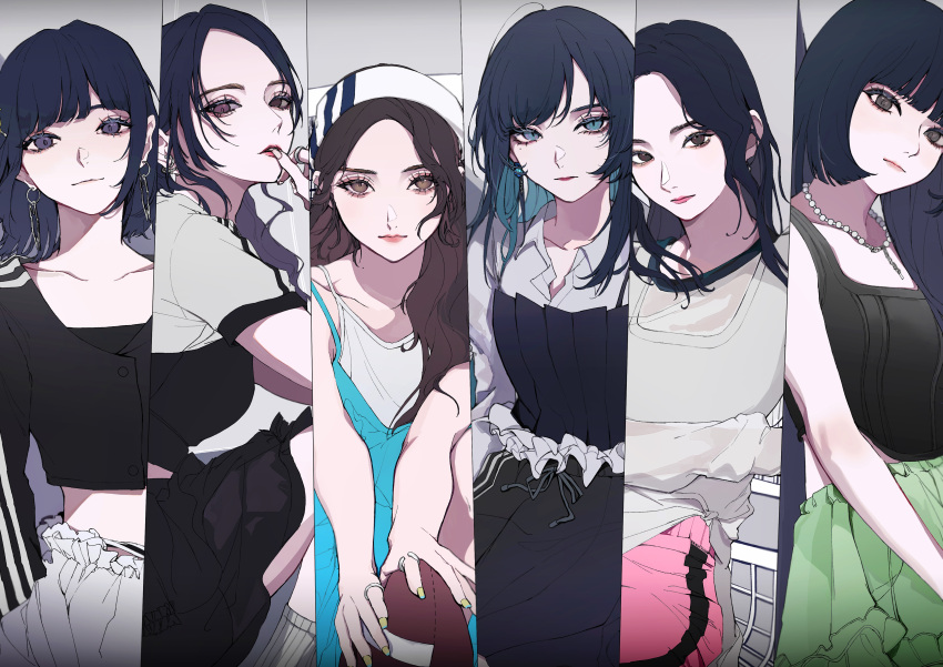 6+girls, absurdres, ado_(utaite), american_football_(object), animification, ball, bead_necklace, beads