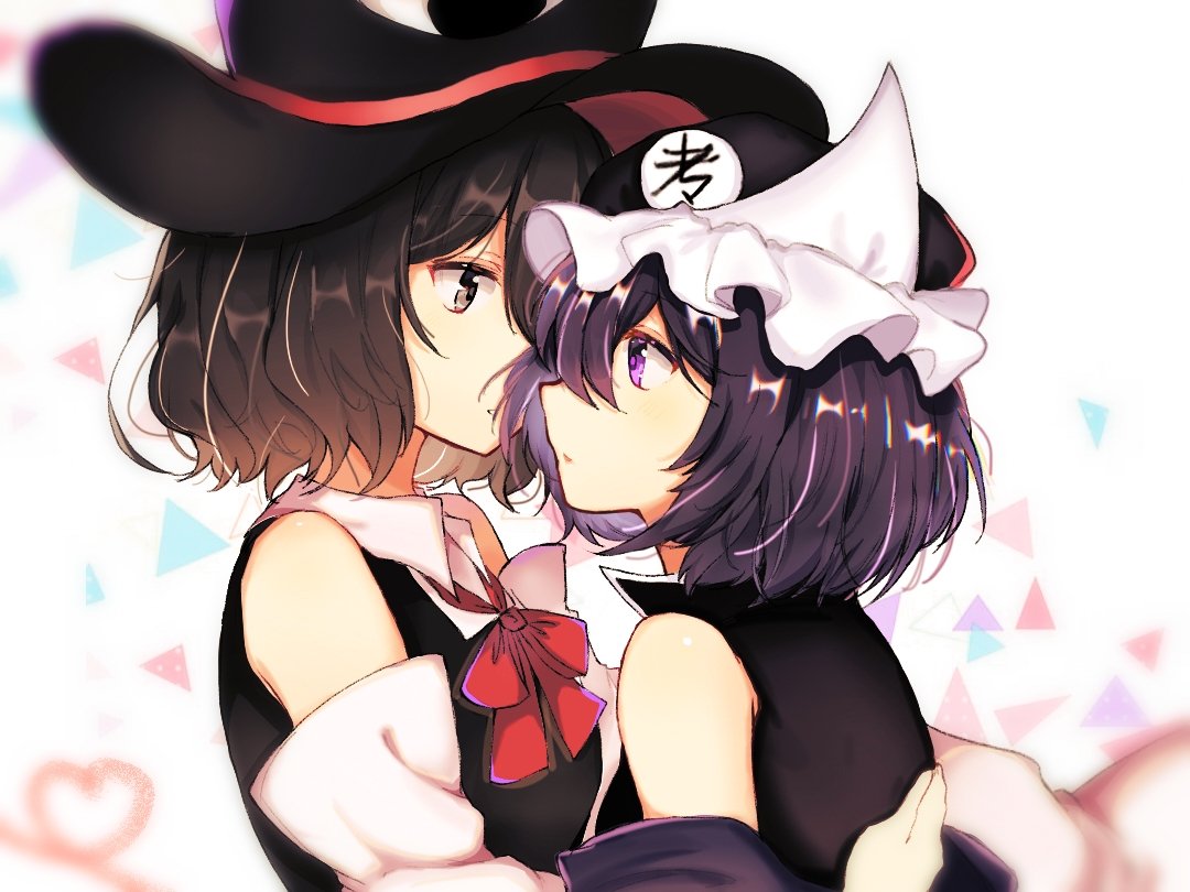 2others, androgynous, bare_shoulders, black_hair, black_shirt, bow, detached_sleeves, enraku_tsubakura, eye_of_senri, eye_on_hat, frills, hat, huangdouliuhan, jacket, len'en, multiple_others, purple_hair, red_ribbon, ribbon, shirt, shitodo_kuroji, short_hair, sleeveless, sleeveless_coat, sleeveless_shirt, top_hat, triangular_headpiece, violet_eyes