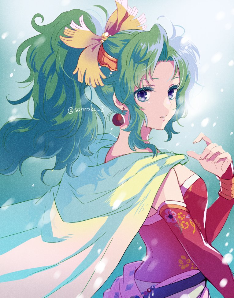 1girl, blue_background, breasts, cape, dangle_earrings, detached_sleeves, dress, earrings