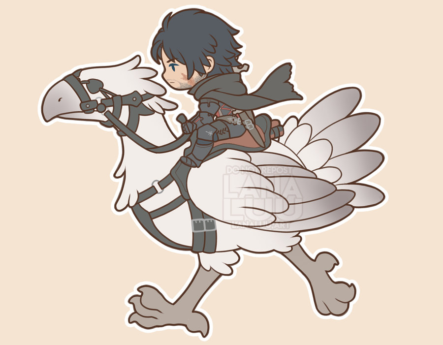1boy, 1girl, ambrosia_(ff16), artist_name, black_cape, black_hair, cape, chibi, chocobo, clive_rosfield, facial_hair, final_fantasy, final_fantasy_xvi, full_body, grey_feathers, holding, holding_reins, lanaluuart, medium_hair, messy_hair, profile, reins, riding, riding_animal, riding_bird, saddle, scar, scar_on_cheek, scar_on_face, stubble