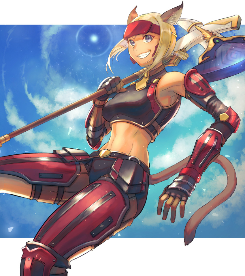 1girl, animal_ear_fluff, animal_ears, arm_guards, armor, avatar_(ff11), axe, bare_shoulders, battle_axe, black_armor, black_gloves, blonde_hair, blue_eyes, blue_sky, boobplate, breastplate, breasts, brown_tail, cactus41747280, cat_ears, cat_girl, cat_tail, clouds, dark-skinned_female, dark_skin, fang, final_fantasy, final_fantasy_xi, fingerless_gloves, forehead_protector, gloves, grin, highres, holding, holding_axe, medium_breasts, midriff, mithra_(ff11), navel, over_shoulder, red_armor, short_hair, short_ponytail, sky, smile, solo, tail, teeth, warrior_(final_fantasy), weapon, weapon_over_shoulder