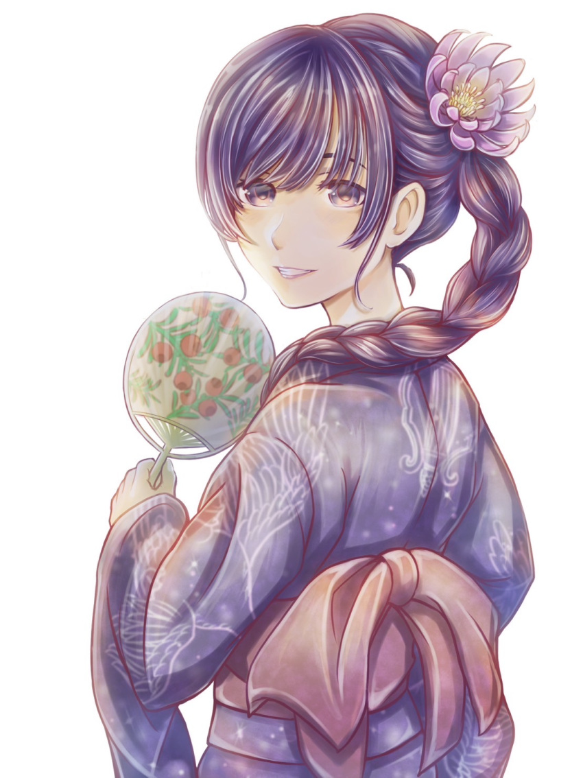 1girl, alternate_costume, alternate_hairstyle, blush, braid, braided_ponytail, flower, from_behind