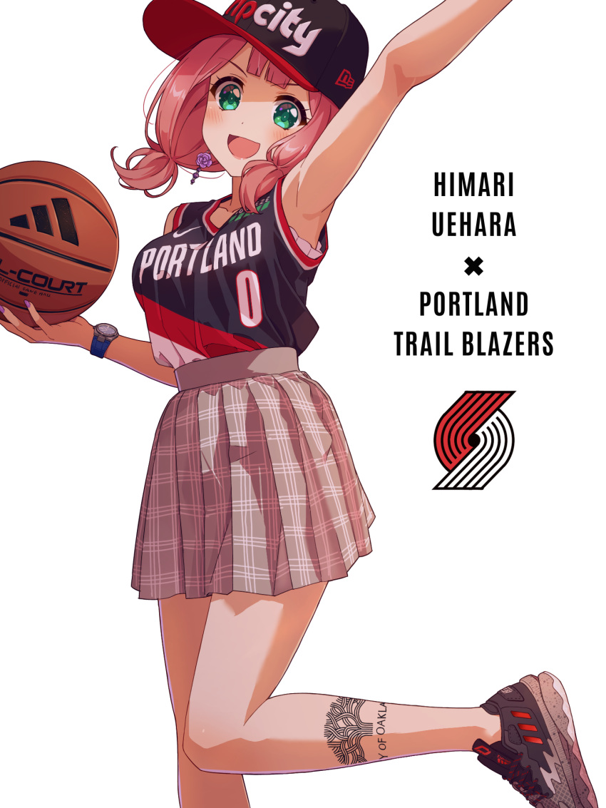 1girl, arm_up, ball, bang_dream!, baseball_cap, basketball_(object), black_footwear, black_headwear, blush, breasts, green_eyes, grey_skirt, hat, highres, holding, holding_ball, looking_at_viewer, medium_breasts, national_basketball_association, open_mouth, pink_hair, portland_trail_blazers, shoes, simple_background, skirt, smile, sneakers, solo, twintails, uehara_himari, watch, white_background, yazawa_happyaro