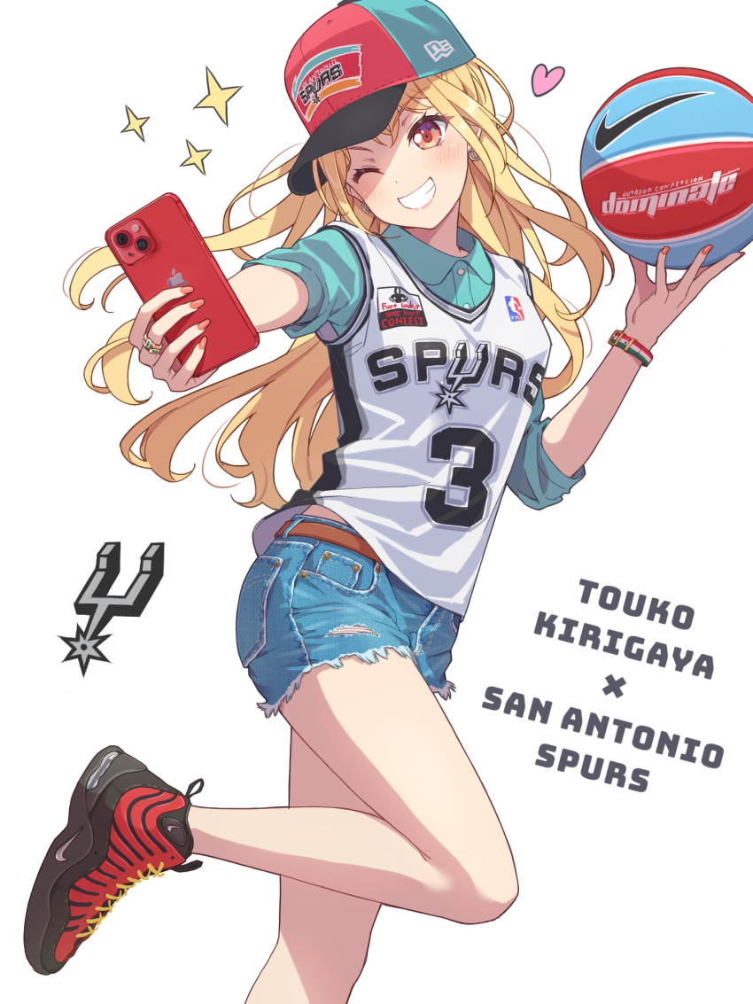 1girl, :d, apple_inc., ball, bang_dream!, basketball, basketball_(object), basketball_court