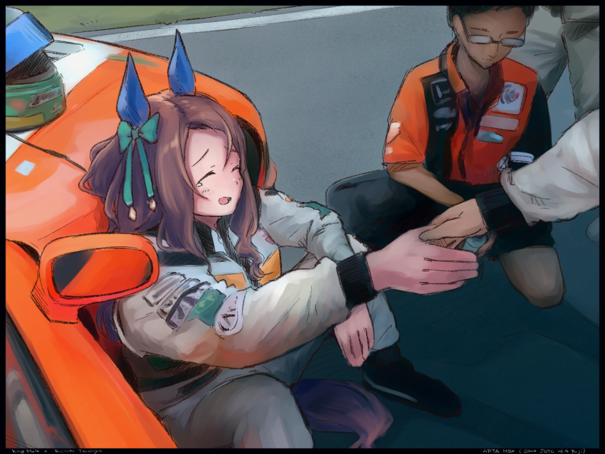 1boy, 1girl, ^_^, animal_ears, asymmetrical_clothes, balladeluce, black_shorts, blush, closed_eyes, cosplay, ear_covers, grey_jumpsuit, headwear_removed, helmet, helmet_removed, highres, holding_hands, honda, honda_nsx, horse_ears, horse_girl, horse_tail, jumpsuit, king_halo_(umamusume), open_mouth, orange_shirt, racing_suit, real_life, shadow, shirt, shorts, single_pantsleg, smile, super_gt, tail, tsuchiya_keiichi, tsuchiya_keiichi_(cosplay), umamusume