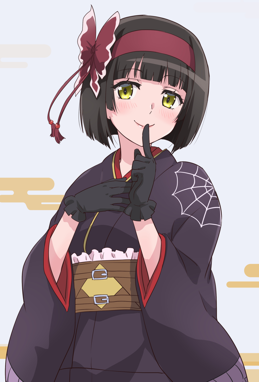 1girl, black_gloves, black_hair, black_kimono, blunt_bangs, blush, butterfly_hair_ornament, gloves