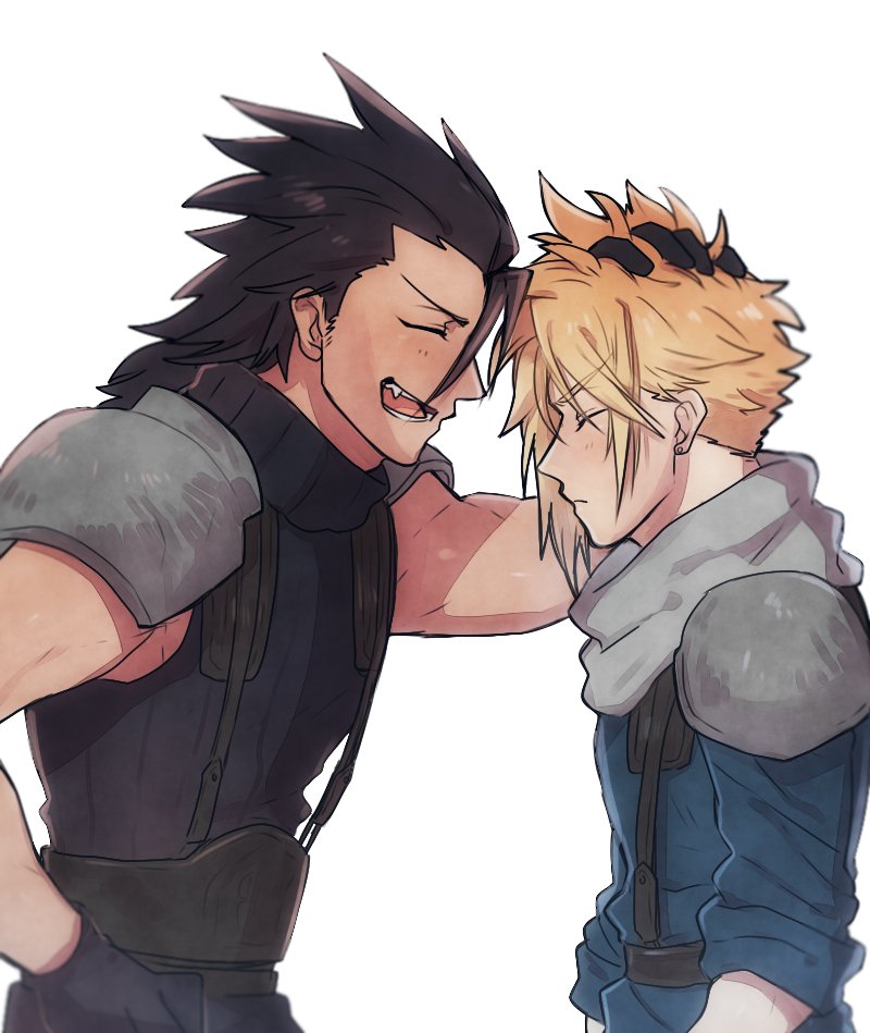 2boys, armor, black_gloves, black_hair, blonde_hair, blue_shirt, blush, closed_eyes, cloud_strife, crisis_core_final_fantasy_vii, earrings, fang, final_fantasy, final_fantasy_vii, gloves, grey_scarf, hair_between_eyes, hair_slicked_back, hand_in_another's_hair, hand_on_own_hip, jewelry, long_hair, male_focus, multiple_boys, profile, scarf, shirt, short_hair, shoulder_armor, sideburns, single_earring, sleeveless, sleeveless_turtleneck, sleeves_rolled_up, smile, spiky_hair, suspenders, turtleneck, upper_body, white_background, yuma_(zero), zack_fair