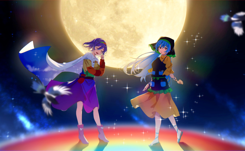 2girls, absurdres, apron, arm_ribbon, barefoot, blue_hair, blue_ribbon, boots