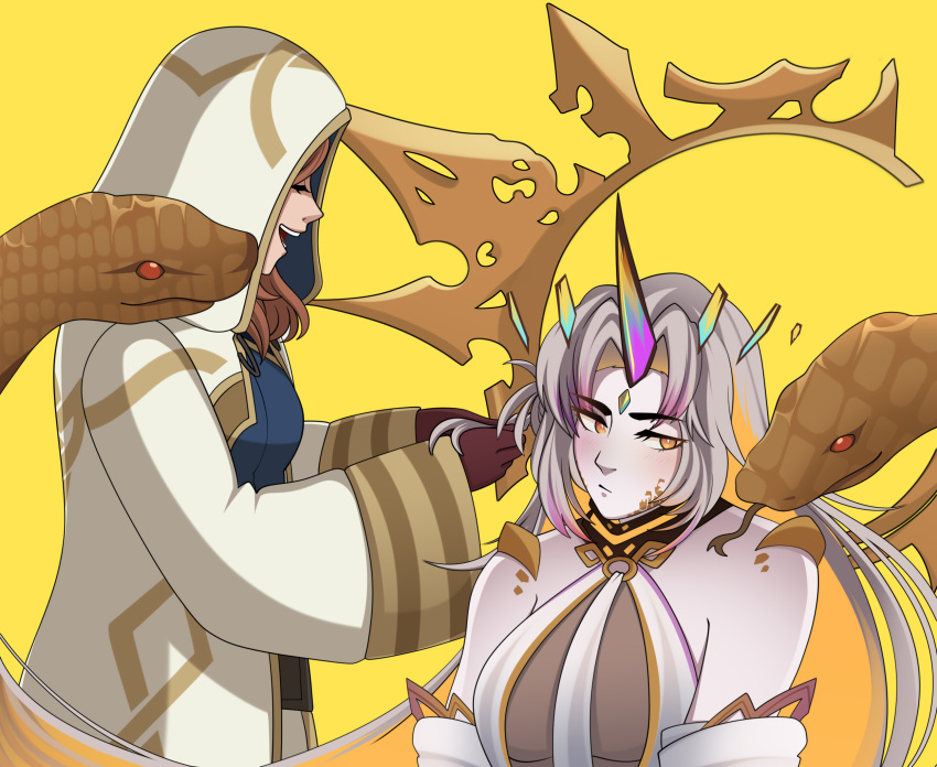 2girls, animal, bare_shoulders, blonde_hair, blue_shirt, blush, braiding_hair, brown_hair, closed_eyes, closed_mouth, commentary, deebyfeeby, english_commentary, fire_emblem, fire_emblem_heroes, grey_hair, gullveig_(fire_emblem), gullveig_(seer_beyond_time)_(fire_emblem), hairdressing, hands_on_another's_head, highres, hood, hood_up, hooded_robe, horns, kiran_(female)_(fire_emblem), kiran_(fire_emblem), long_hair, multicolored_hair, multiple_girls, official_alternate_costume, open_clothes, open_robe, pale_skin, parted_bangs, robe, seidr_(fire_emblem), shirt, simple_background, single_horn, smile, snake, snake_hair, teeth, two-tone_hair, upper_teeth_only, very_long_hair, wide_sleeves, yellow_background, yellow_eyes, yuri