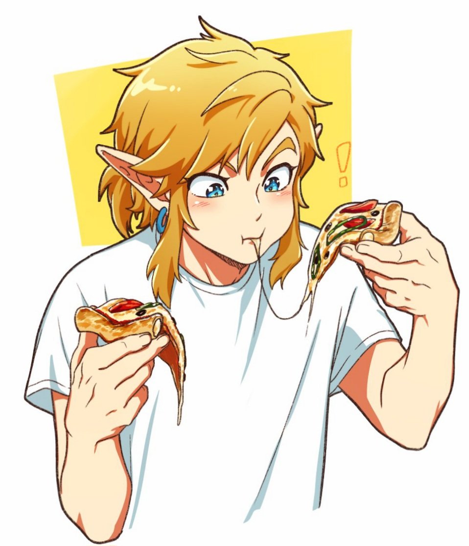 !, 1boy, blonde_hair, blue_eyes, blush, border, earrings, eating, food, food_in_mouth, furrowed_brow, holding, holding_food, holding_pizza, jewelry, link, low_ponytail, male_focus, medium_hair, pizza, pizza_slice, pointy_ears, shirt, short_sleeves, sidelocks, solo, t-shirt, the_legend_of_zelda, the_legend_of_zelda:_breath_of_the_wild, the_legend_of_zelda:_tears_of_the_kingdom, tnp, upper_body, white_border, white_shirt, yellow_background
