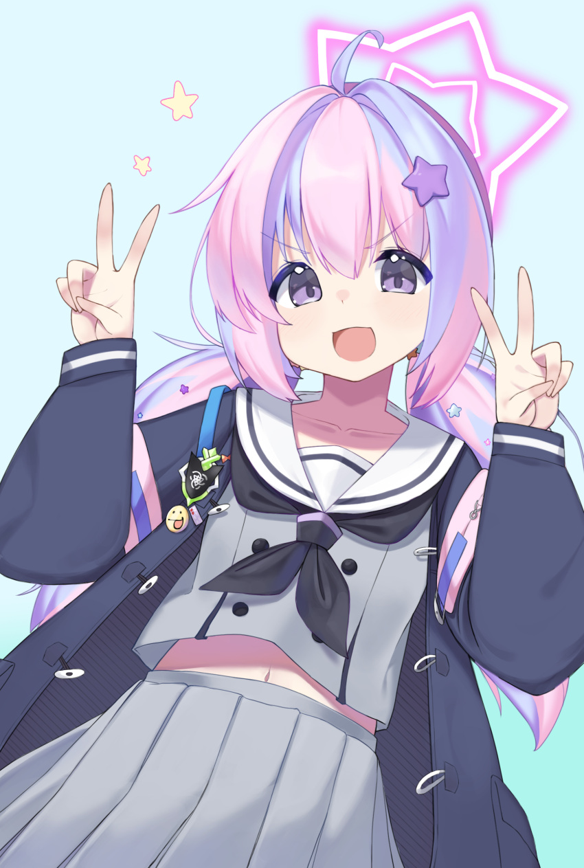 1girl, :3, absurdres, blue_archive, blue_hair, coat, double_v, duffel_coat