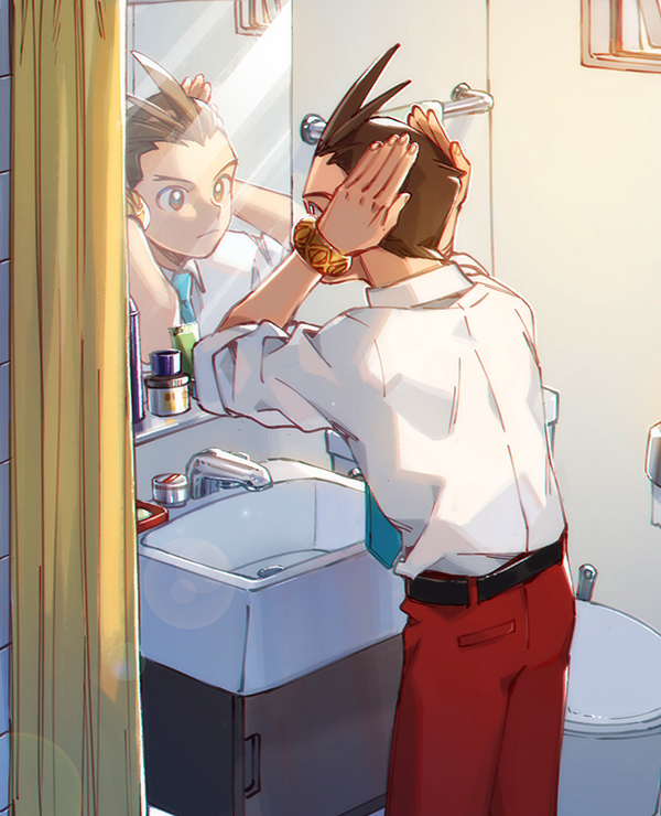 1boy, ace_attorney, antenna_hair, apollo_justice, aqua_necktie, arms_up, bathroom, belt, black_belt, bracelet, brown_eyes, brown_hair, closed_mouth, collared_shirt, commentary_request, cowboy_shot, cupboard, expressionless, fingernails, from_behind, hairdressing, hands_on_own_head, hi-fi_(fijazzy), indoors, jewelry, male_focus, mirror, necktie, no_vest, pants, red_pants, reflection, shirt, short_hair, shower_curtain, sink, sleeves_rolled_up, solo, towel_rack, trash_bin, white_shirt, window
