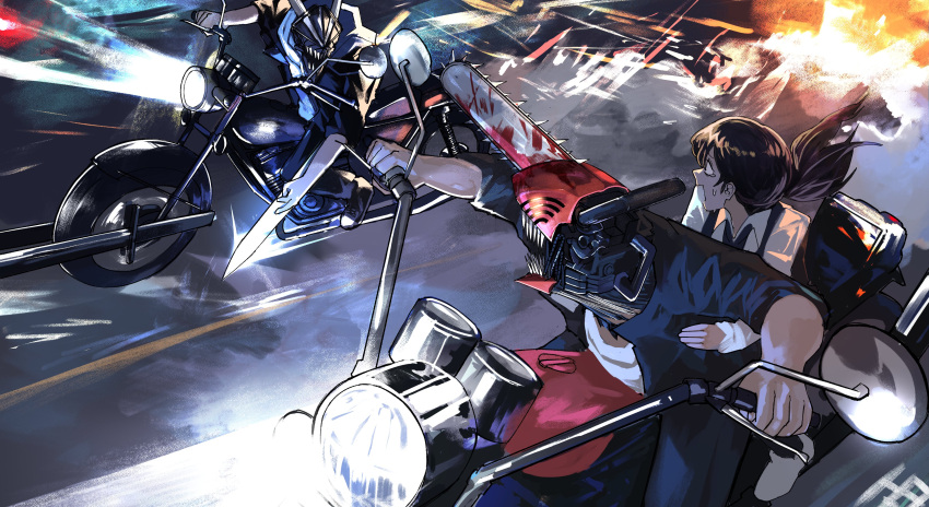 1girl, absurdres, black_hair, black_pants, chainsaw, chainsaw_man, collared_shirt, denji_(chainsaw_man), dress, driving, fourth_east_high_school_uniform, headlight, heartbreak_juan, highres, hood, hoodie, jacket, long_hair, long_sleeves, mitaka_asa, motor_vehicle, motorcycle, multiple_boys, multiple_riders, on_motorcycle, open_mouth, pants, riding, road, school_uniform, sharp_teeth, shirt, sleeveless, sleeves_rolled_up, street, sugo_miri, teeth, twintails, uniform, white_shirt