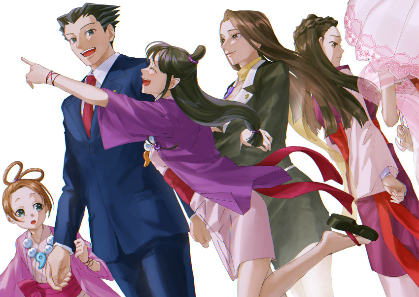 1boy, 5girls, :d, :o, absurdres, ace_attorney, arms_at_sides, bead_necklace
