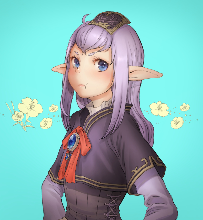 1girl, :t, ahoge, blue_eyes, blue_gemstone, brooch, cactus41747280, closed_mouth