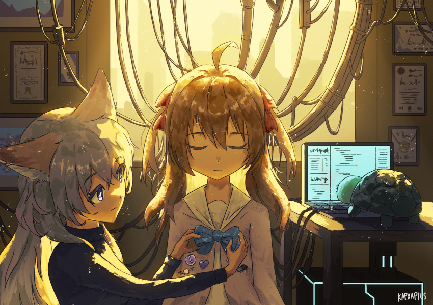 +_+, 2girls, adjusting_another's_clothes, ahoge, animal_ears, annytf, backlighting, badge