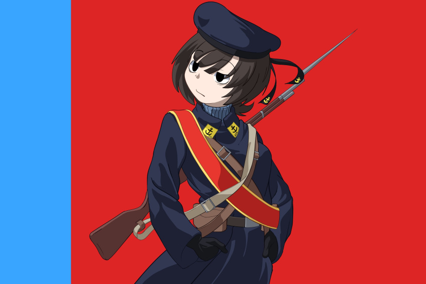 1girl, anchor_symbol, bayonet, belt_pouch, black_eyes, black_gloves, blue_coat, blue_sweater