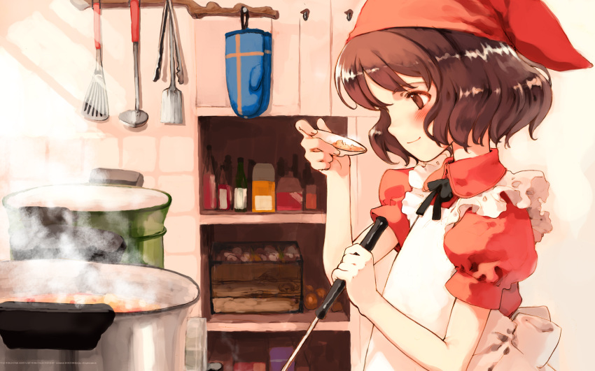 bandana, blush, brown_eyes, brown_hair, cooking, food, highres, kitchen