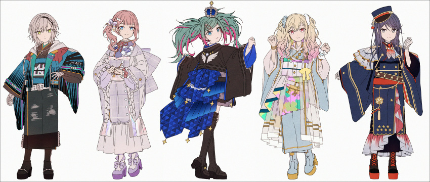 5girls, ano_hi_sora_wa_tookatta_(project_sekai), bangle, black_footwear, black_hair, black_hairband, black_headwear, black_kimono, black_pantyhose, blonde_hair, blue_eyes, blue_footwear, blue_jacket, blue_kimono, boots, bow, bracelet, brown_hair, closed_mouth, commentary_request, crescent, cross-laced_footwear, crown, frilled_sleeves, frills, gloves, gradient_hair, green_eyes, green_hair, grey_background, grey_eyes, grey_gloves, hair_bow, hair_ornament, hairband, hakusai_(tiahszld), halftone_texture, hand_up, hands_up, hat, hatsune_miku, heart, heart_hair_ornament, high_heels, highres, hinomori_shiho, hoshino_ichika_(project_sekai), jacket, japanese_clothes, jewelry, kimono, lace-up_boots, leo/need_(project_sekai), leo/need_miku, live_with_memories_(project_sekai), long_hair, long_sleeves, mini_crown, mochizuki_honami, multicolored_hair, multiple_girls, obi, open_clothes, open_jacket, own_hands_together, pantyhose, peaked_cap, pinching_sleeves, pink_hair, platform_footwear, platform_heels, project_sekai, purple_footwear, purple_hair, purple_kimono, red_eyes, safety_pin, sash, short_kimono, simple_background, sleeves_past_wrists, smile, standing, star_(symbol), streaked_hair, swept_bangs, tenma_saki, thigh_boots, tilted_headwear, twintails, unnamed_harmony_(project_sekai), vocaloid, white_pantyhose, wide_sleeves, wrist_cuffs, yureru_mama_demo_kimi_wa_mae_e_(project_sekai)