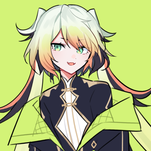 1other, black_jacket, blonde_hair, commentary, fangs, gradient_hair, green_background, green_eyes