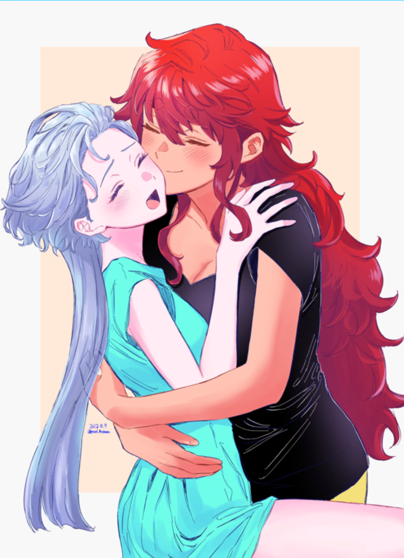 2girls, aqua_dress, blush, casual, closed_eyes, closed_mouth, couple, cuddling