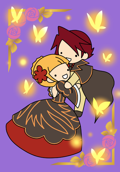 blonde_hair, blue_eyes, butterfly, chibi, dress, flower, formal, hair_flower