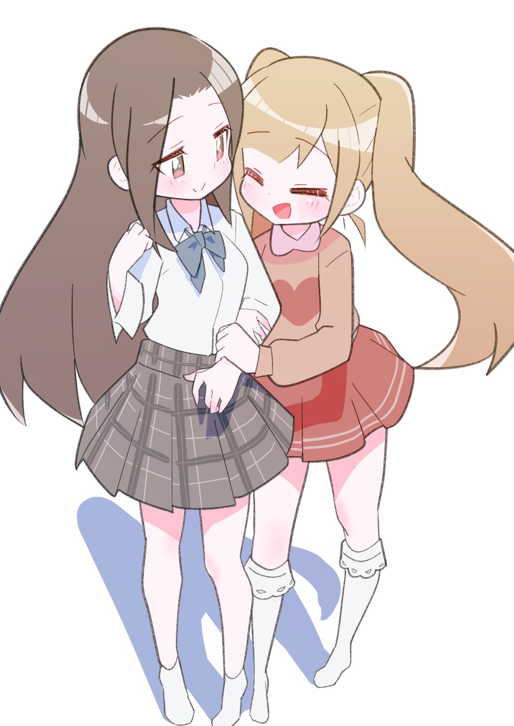 2girls, aly_(eshikidori), ankle_socks, bare_legs, blonde_hair, blush, bow, bowtie