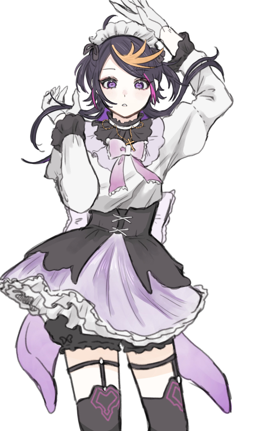 1boy, absurdres, black_bloomers, black_hair, black_thighhighs, blonde_hair, bow, bowtie