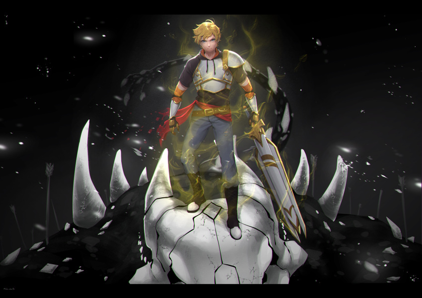 1boy, armlet, armor, arrow_(projectile), aura, blonde_hair, blue_eyes, blue_pants, boots, crocea_mors_(rwby), gloves, grimm_(rwby), highres, hood, jaune_arc, lulu-chan92, pants, rwby, the_elder_scrolls, the_elder_scrolls_v:_skyrim