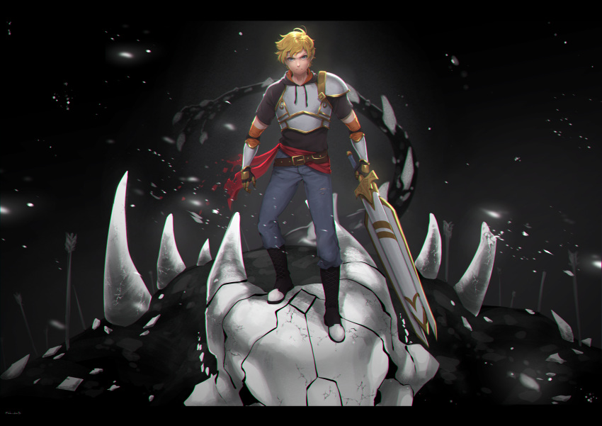 1boy, armlet, armor, arrow_(projectile), belt, blonde_hair, blue_pants, boots, brown_belt, crocea_mors_(rwby), grimm_(rwby), highres, jaune_arc, lulu-chan92, pants, red_belt, rwby, serious, the_elder_scrolls, the_elder_scrolls_v:_skyrim