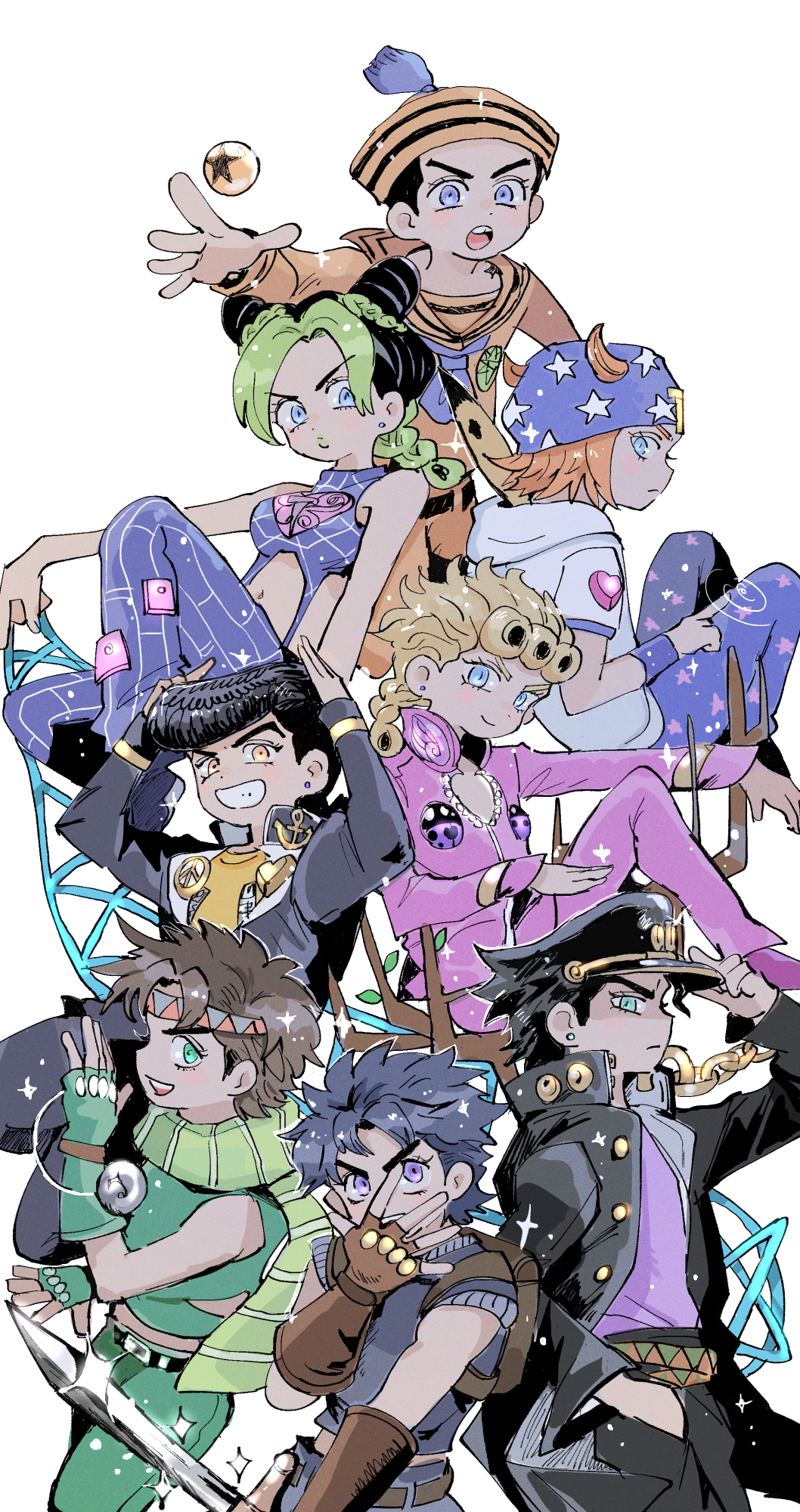 1girl, 6+boys, anchor_ornament, backpack, bag, battle_tendency, birthmark, black_hair