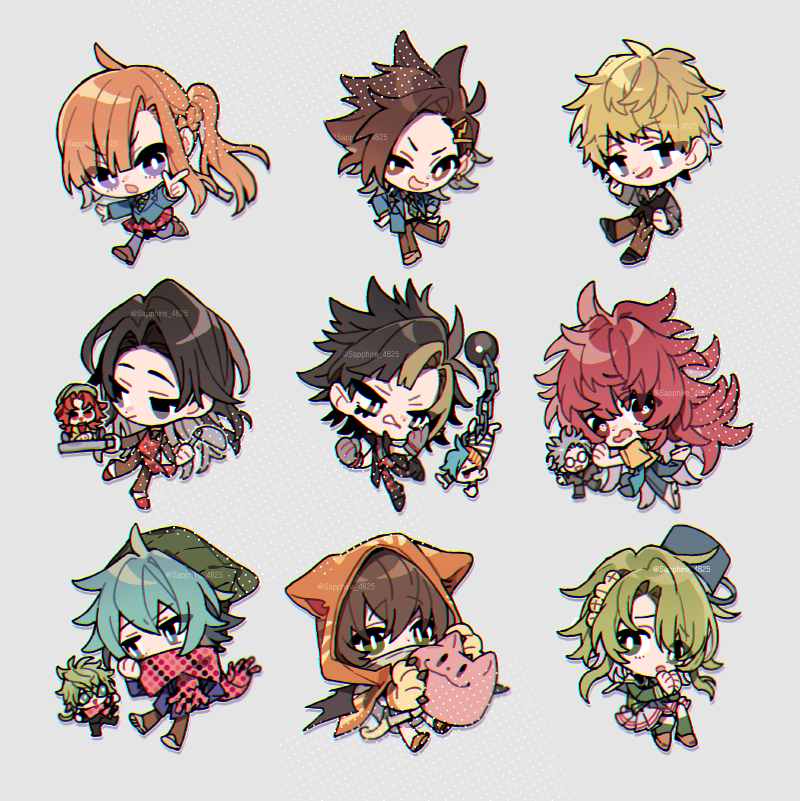 4girls, 5boys, apron, aqua_eyes, aqua_hair, beanie, black_eyes, black_hair