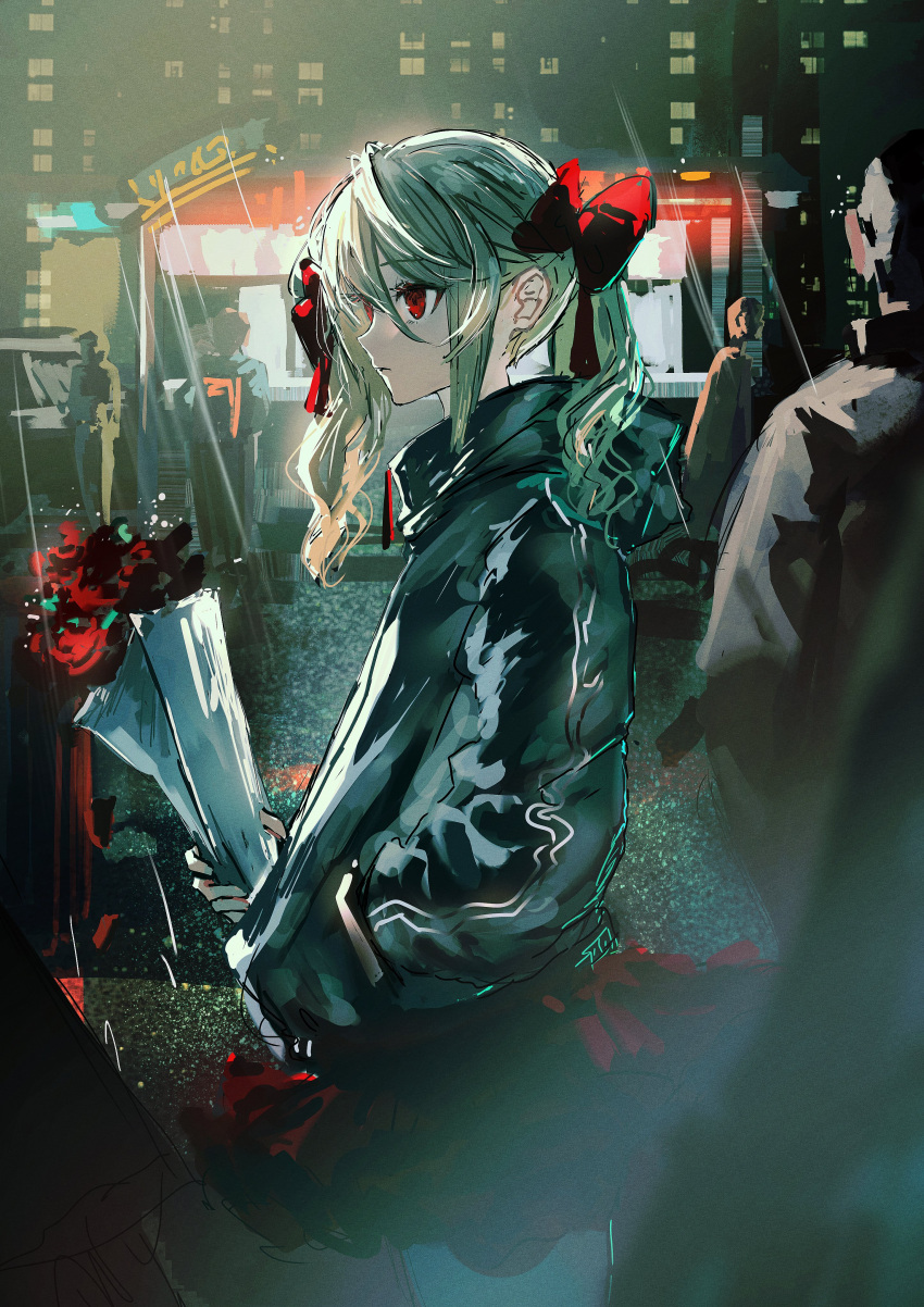 1girl, absurdres, backlighting, black_jacket, blonde_hair, bouquet, bow, building, closed_mouth, commentary, cowboy_shot, curly_hair, expressionless, facing_to_the_side, flower, food_stand, frilled_skirt, frills, gawako, hair_between_eyes, hair_bow, highres, holding, holding_bouquet, hood, hood_down, hooded_jacket, jacket, long_hair, looking_ahead, multiple_hair_bows, night, original, outdoors, racing_stripes, red_bow, red_eyes, red_flower, red_rose, red_skirt, rose, sidelighting, sidelocks, sketch, skirt, solo_focus, track_jacket, twintails, very_long_hair, white_stripes, zipper_pull_tab
