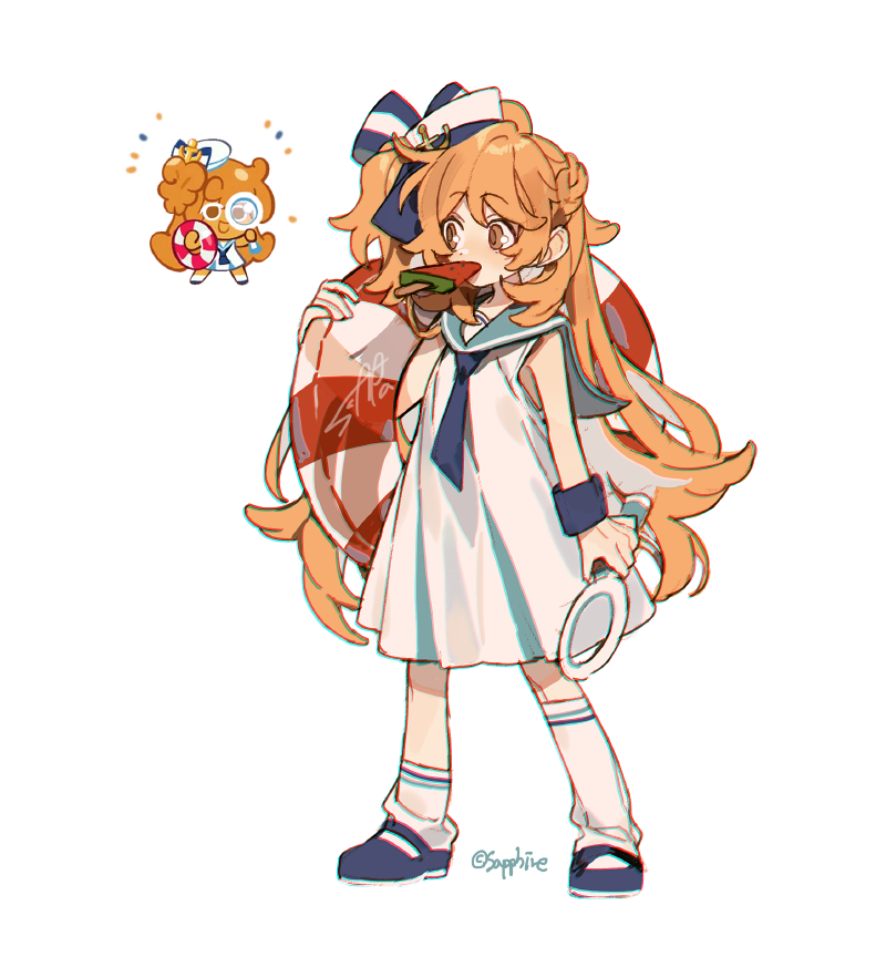 1girl, blue_bow, blue_footwear, blue_necktie, blue_sailor_collar, bow, cookie_run, dress