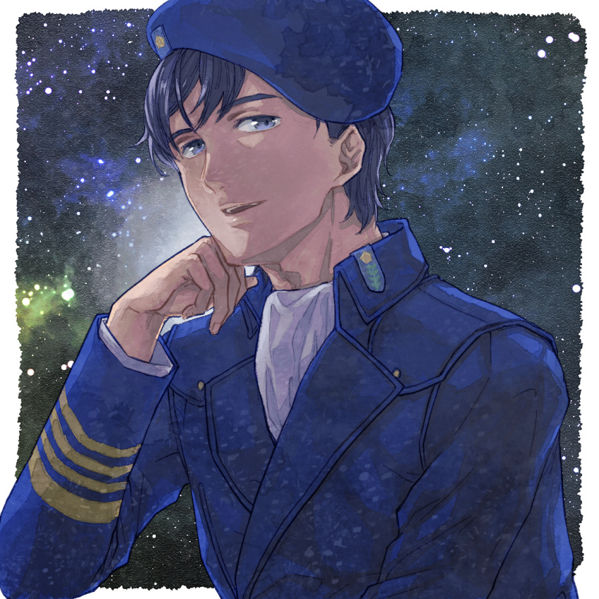 1boy, aduma, beret, blue_eyes, collared_jacket, free_planets_alliance, ginga_eiyuu_densetsu, hand_on_own_chin