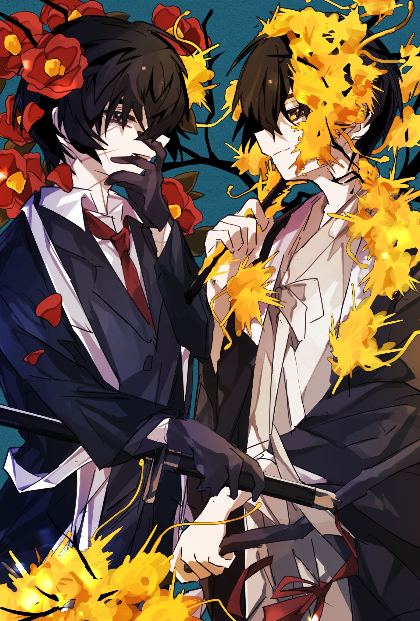 2boys, black_coat, black_eyes, black_gloves, black_hair, black_jacket, branch, closed_mouth