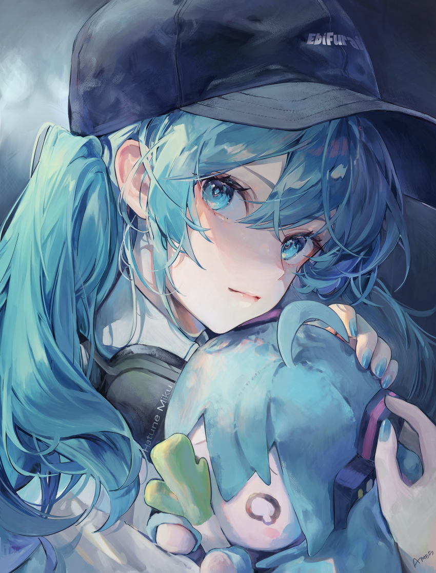 1girl, :|, absurdres, ahoge, ame929, aqua_eyes, aqua_hair, baseball_cap