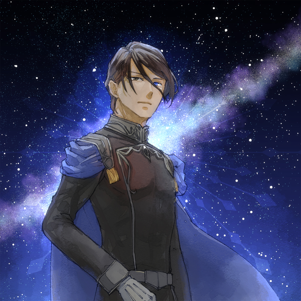 1boy, aduma, blue_cape, blue_eyes, brown_eyes, brown_hair, cape, ginga_eiyuu_densetsu