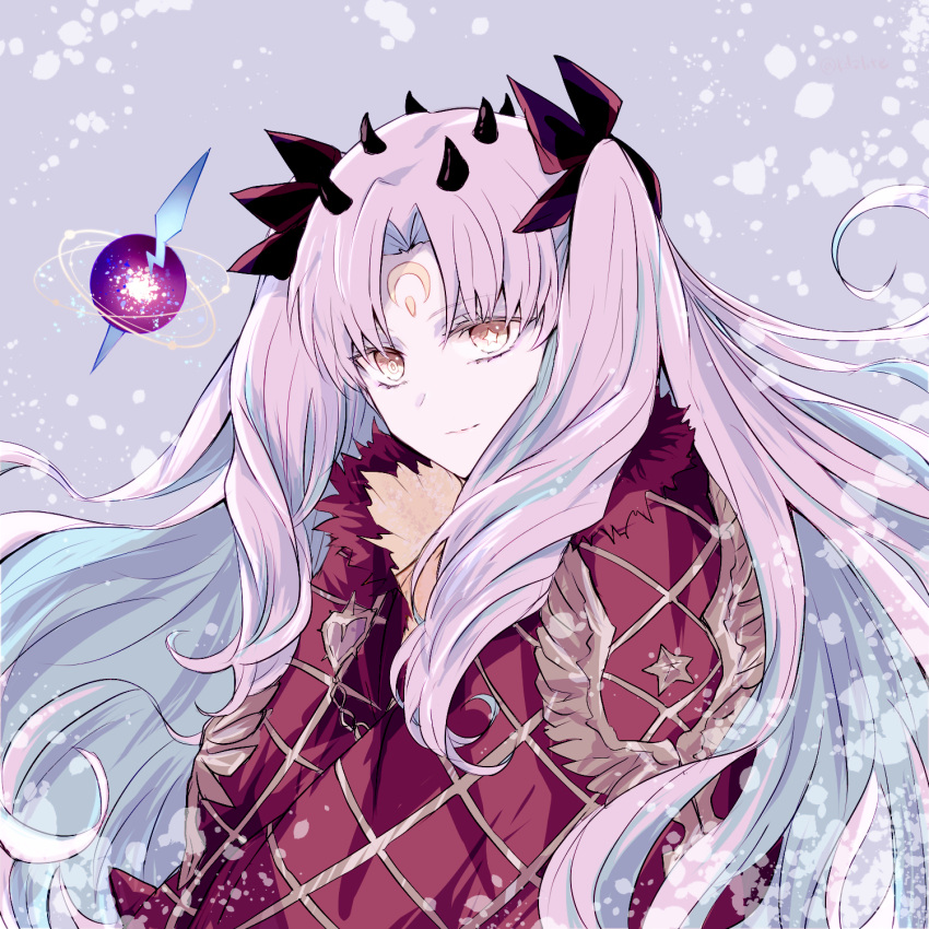 1girl, black_horns, black_ribbon, blue_hair, cloak, closed_mouth, colored_inner_hair, crescent