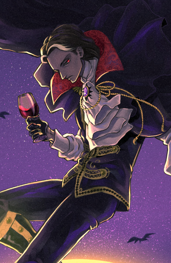 aduma, bat_(animal), brown_hair, cup, drinking_glass, ginga_eiyuu_densetsu, high_collar, multicolored_hair