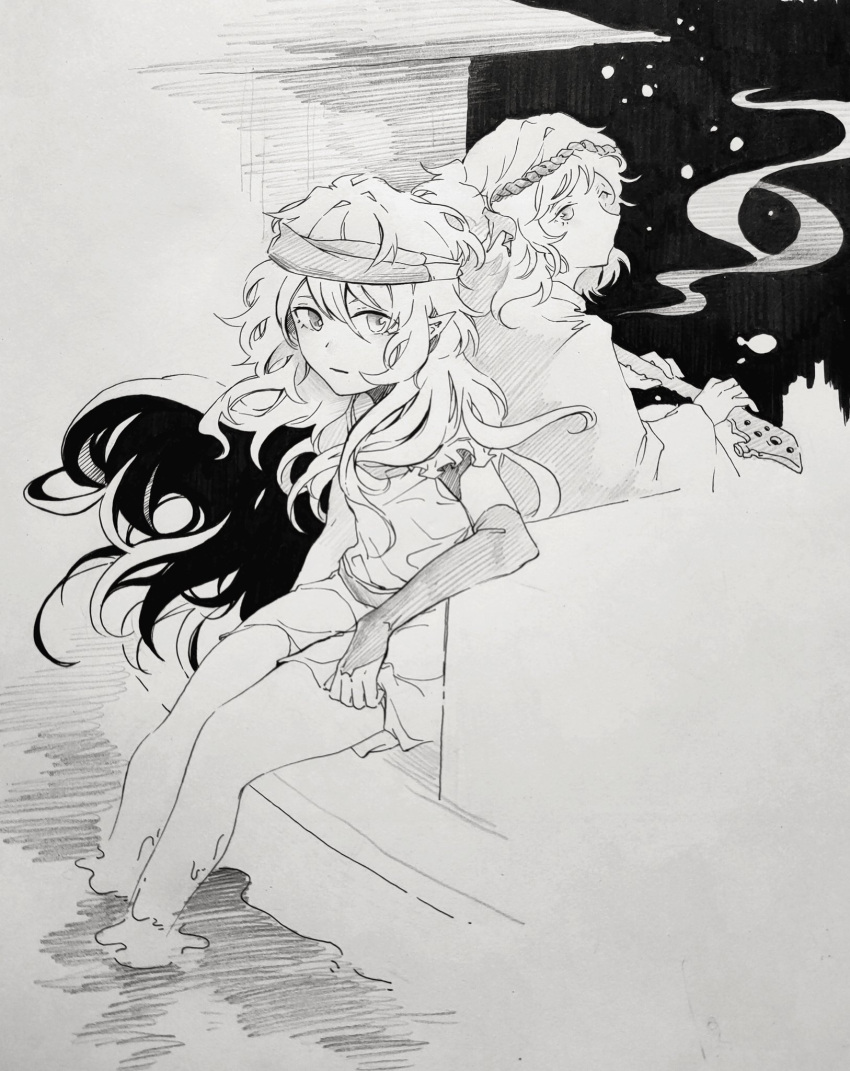 2others, androgynous, arm_on_table, armor, back-to-back, badai, breastplate, cityscape, closed_mouth, commentary_request, detached_sleeves, eyelashes, flute, frown, fujiwara_no_iyozane, ghost, graphite_(medium), greyscale, headband, highres, holding, holding_instrument, instrument, jacket, jacket_on_shoulders, len'en, long_hair, long_sleeves, looking_ahead, looking_at_viewer, miniskirt, monochrome, multiple_others, night, one_side_up, outdoors, pointy_ears, river, shoulder_pads, skirt, soaking_feet, taira_no_fumikado, traditional_media, very_long_hair, wavy_hair, wide_sleeves