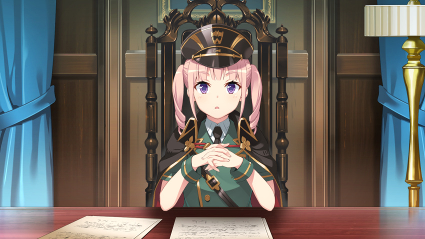 1girl, chair, cloak, desk, evenicle_2, game_cg, hat, indoors, interlocked_fingers, lamp, looking_at_viewer, military_uniform, necktie, non-web_source, own_hands_together, parted_lips, peaked_cap, pink_hair, rona_heinlein, sidelocks, sitting, solo, takkun_(alicesoft), twintails, uniform, upper_body, violet_eyes, wrist_cuffs