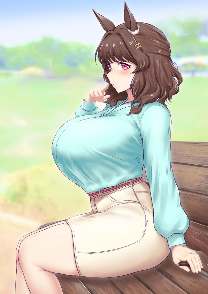 1girl, animal_ears, blush, breasts, brown_hair, drunk, hair_ornament, hairclip