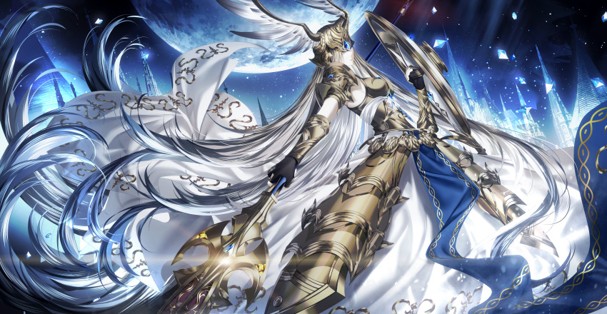 1girl, absurdres, armor, armored_skirt, black_gloves, blue_tabard, boobplate, commentary_request